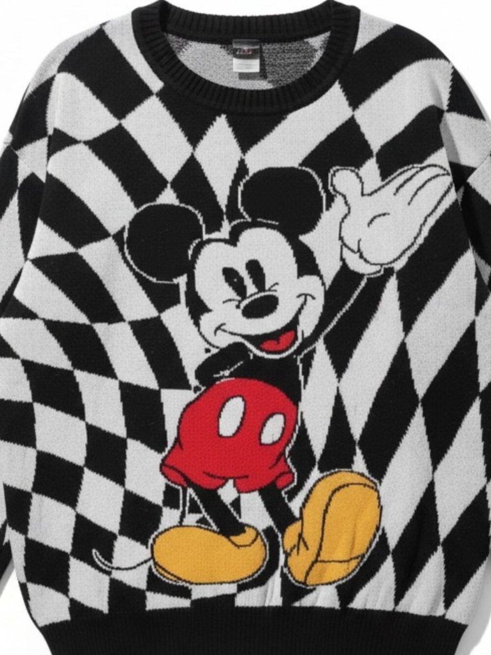 Disney Mickey Mouse Checkerboard Sweater Black White Graphic Retro Streetwear